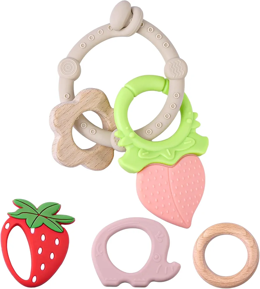 TYRY.HU Baby Teething Ring(6 Pack), Multi Use Baby Toy Ring - Attach Toys & Teethers to Stroller, Car Seat & More,Soft-Textured Sensory Chew Rings & Wood Teether Soothe Babies Gums for Infant,Khaki