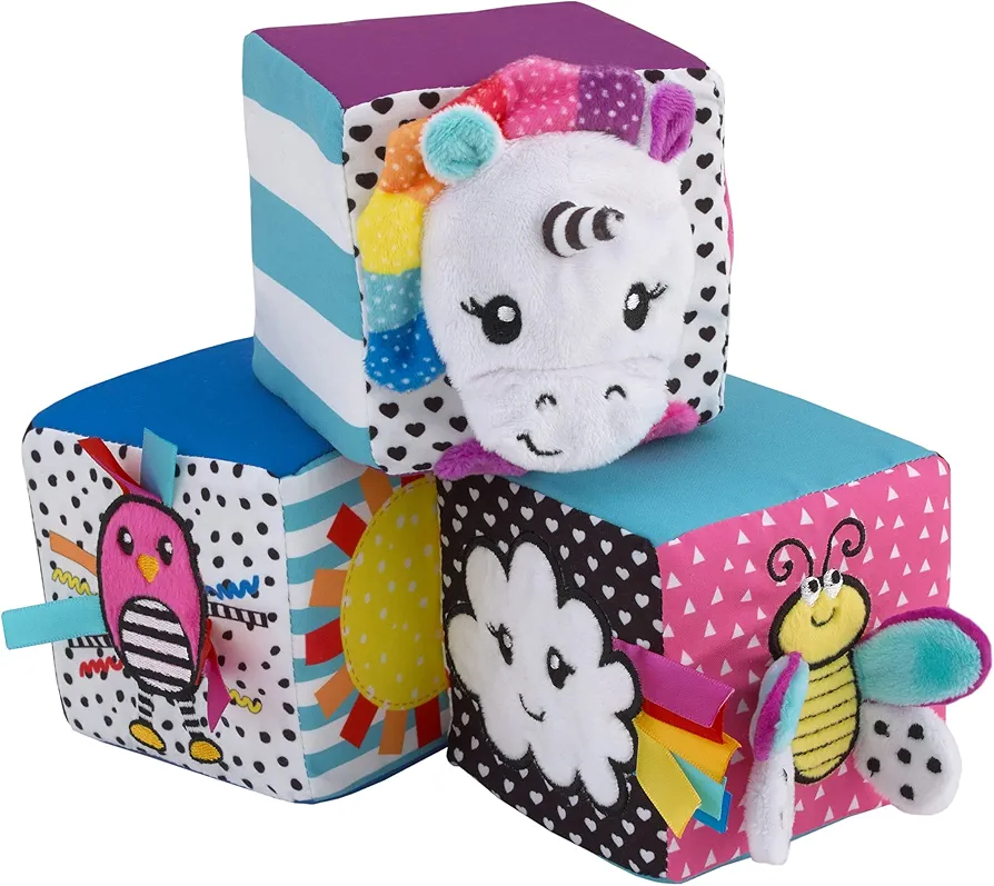 Sassy Baby Ulbright Unicorn, Pink Bird and Cloud Multi-Colored Developmental Plush Baby Blocks, Set of Three with Squeaker, Chime and Mirror