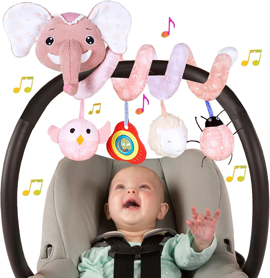 Car Seat Toys for Babies 0-6 Months, Infant Spiral Activity Toys Baby Gril Car Seat Toys 6-12 Months Hanging Stroller Toys for Baby Girls 0-6 Months with Musical Owl Rattle Sheep - Pink Elephant