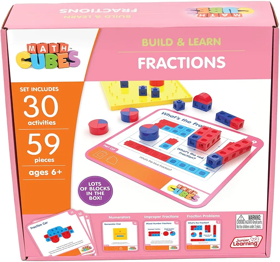 Junior Learning: Mathcubes - Fractions - 30 Activity Set, Build & Learn, Blocks & Boards Hands On Math, Developmental & Education Set, Kids Ages 4+