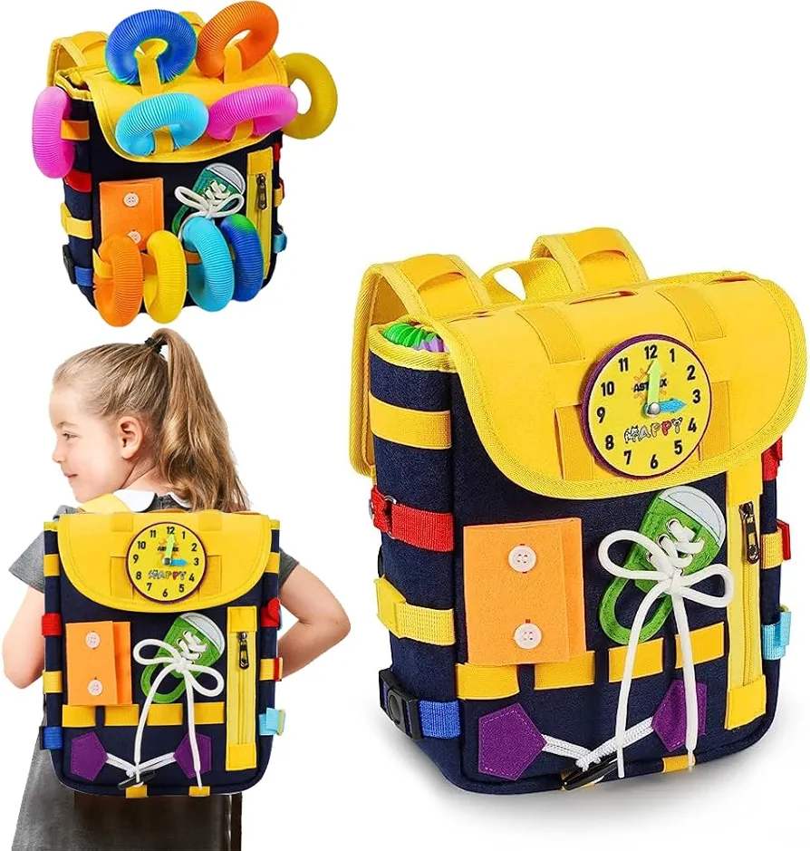 Aozzy Montessori Backpack for Toddlers with Buckles and Zippers, Montessori Sensory Toys, Learning Activity Through Play, Can be Stored and Carried on The Back, Travel Toy Backpack