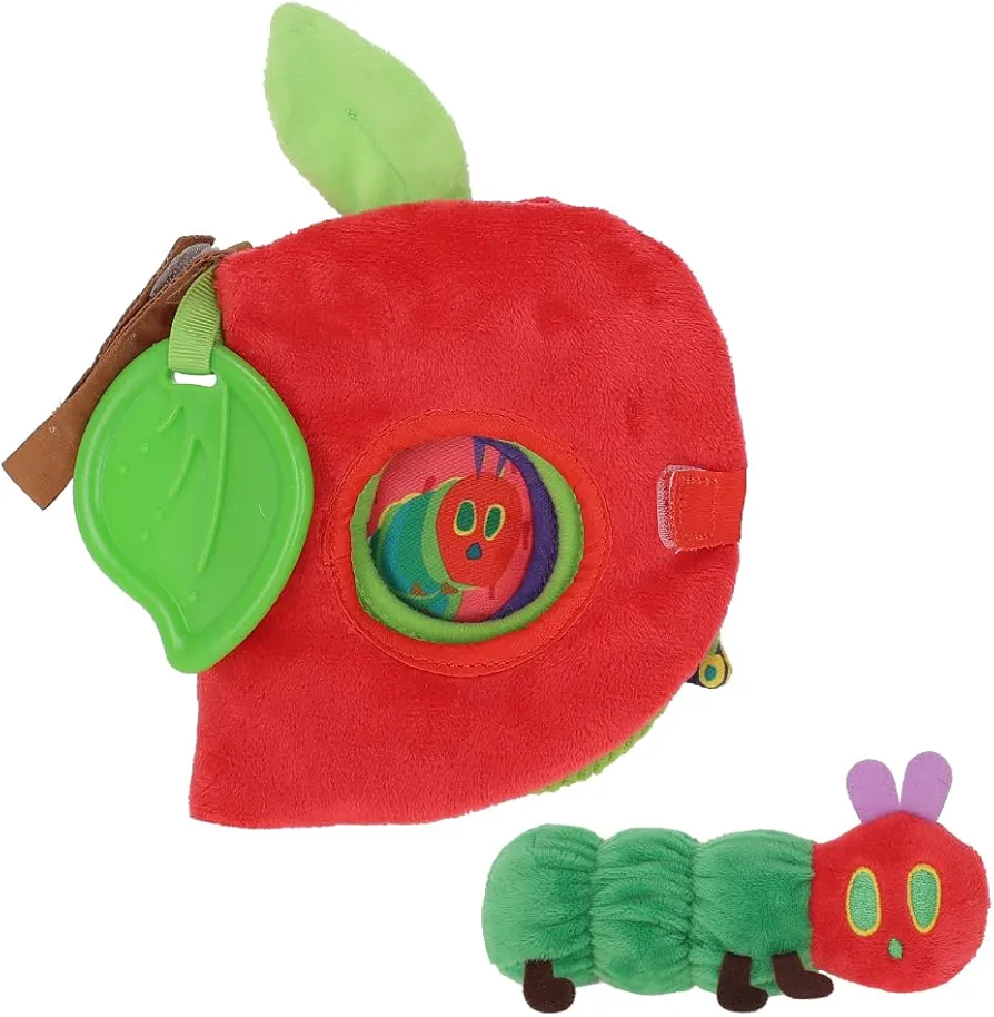 KIDS PREFERRED Eric Carle Very Hungry Caterpillar Activity Apple and Plush - Crinkle Texture Inside and Attached Leaf Teether – Hanging Loop for On The Go Fun