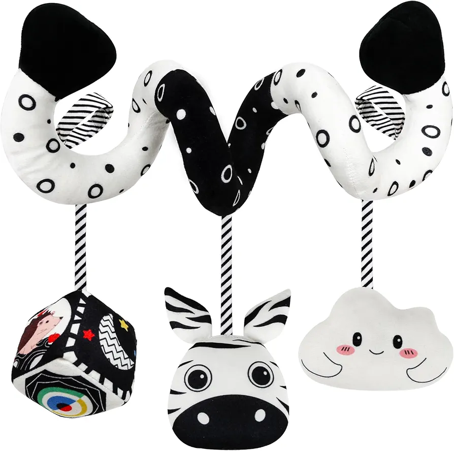 Car Seat Toys For Babies 0-6 Months,Hanging Rattle Toys for Crib Mobile, Baby Spiral Hanging Stroller Black And White High Contrast Baby Toys For Newborn 0 3 6 9 12 Months Baby Boys Girls (Zebra)