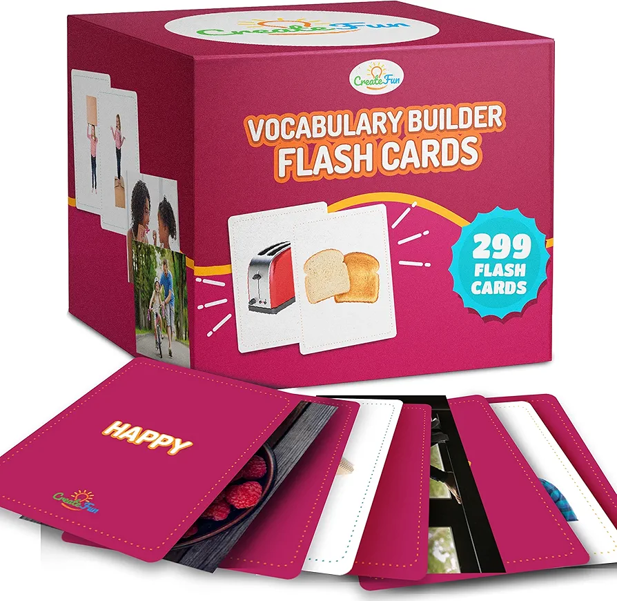 Vocabulary Builder Flash Cards - 299 Educational Photo Cards for Home, Speech Therapy Materials, ESL Teaching Materials - Emotions, Matching Go Togethers, Nouns, Opposites, Prepositions, Verbs