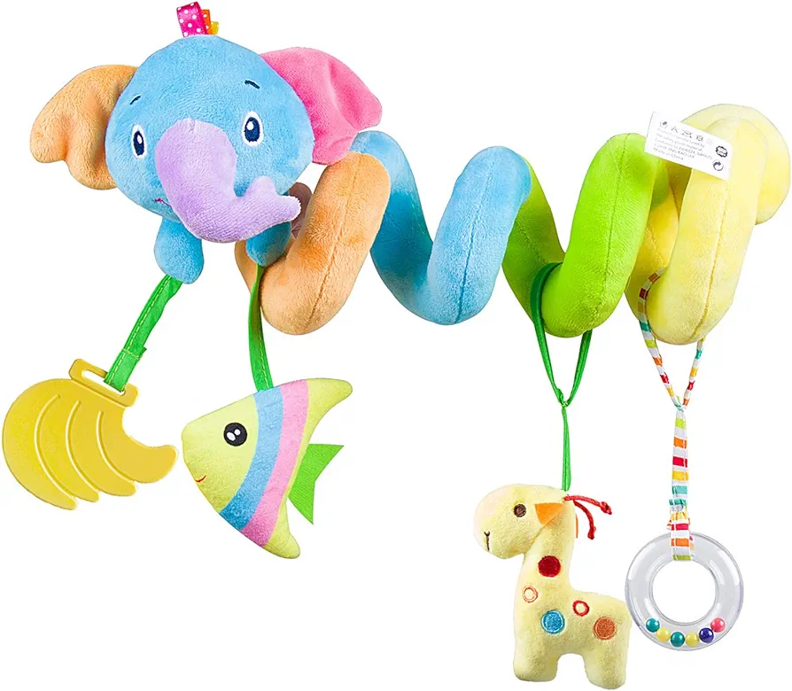 Caterbee Baby Car Seat Toys, Hanging Activity spiral plush stroller toys with rattle for boy or girl (Elephant)