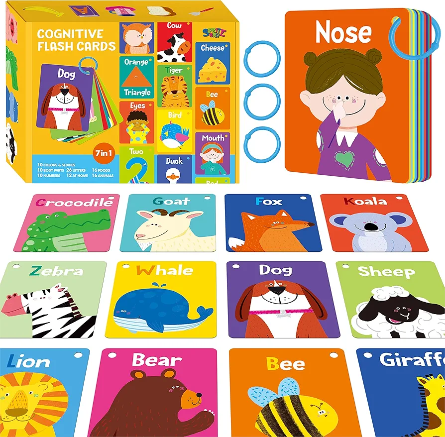 50 PCS Kid First Cognitive Flashcards,Double Sided Printed 7 in 1 Colorful Cards Alphabet,Numbers, Foods,Animals,Shapes,Colors with 3 Reclosable Rings,Learning Tool for Pre-K Kindergarten Toddlers