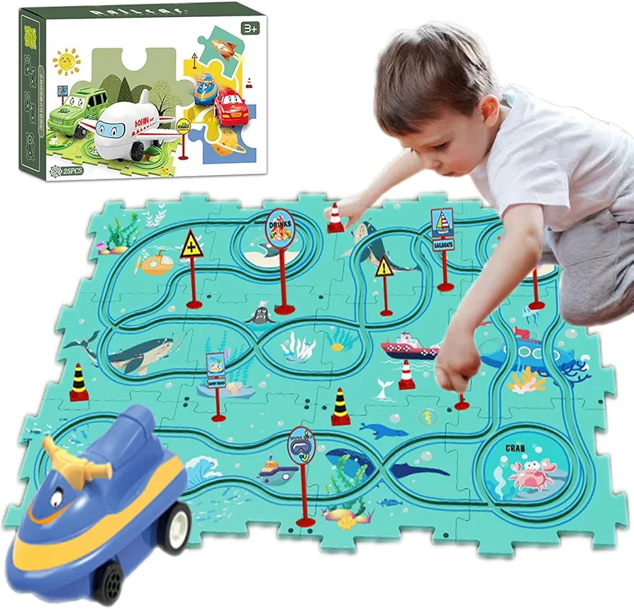 25Packs Puzzle Racing Children's Racing Track Set, Dinosaur Puzzle Puzzle Racing Track Car Game Set, Puzzle Racing Track Set, Preschool Best Children's Gift Christmas Boys and Girls Gift (Ocean theme)