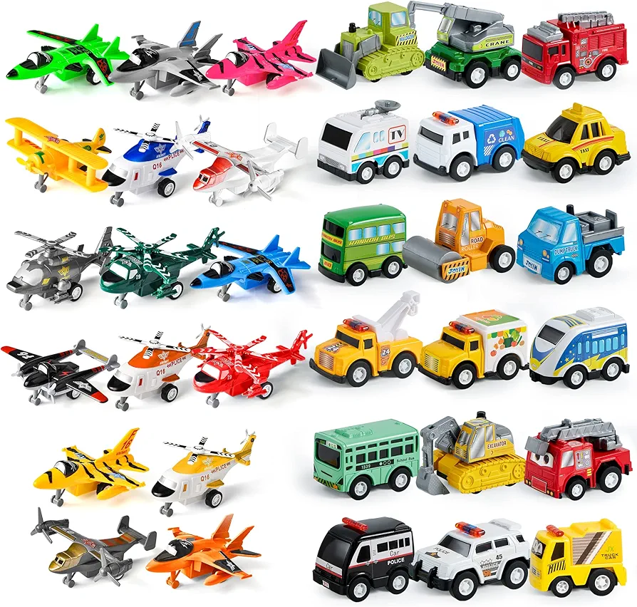 JOYIN 34Pcs Pull Back Airplane Vehicle, Plane Playset, Aircraft Including Helicopter Toys, Trucks Toy Vehicles Set Model Car, Friction Powered Die-Cast Cars for Toddlers, Easter Basket Stuffers Egg Fi