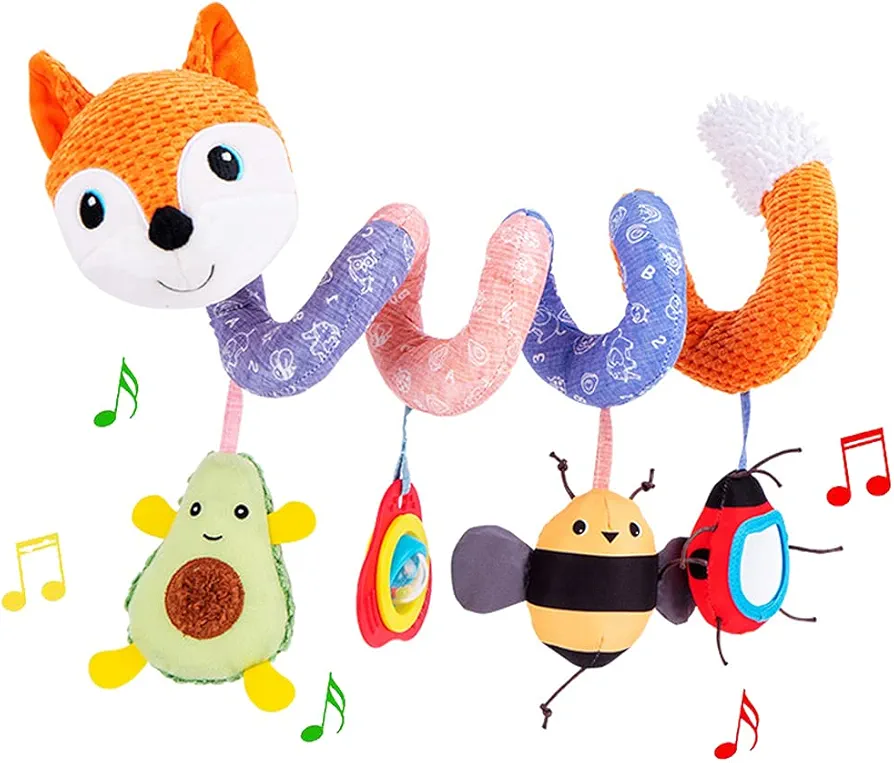 Car Seat Toys, Baby Plush Spiral Hanging Toys for Stroller Crib Bar Bassinet Car Seat Mobile with Music Box BB Squeaker Rattles- Orange Fox