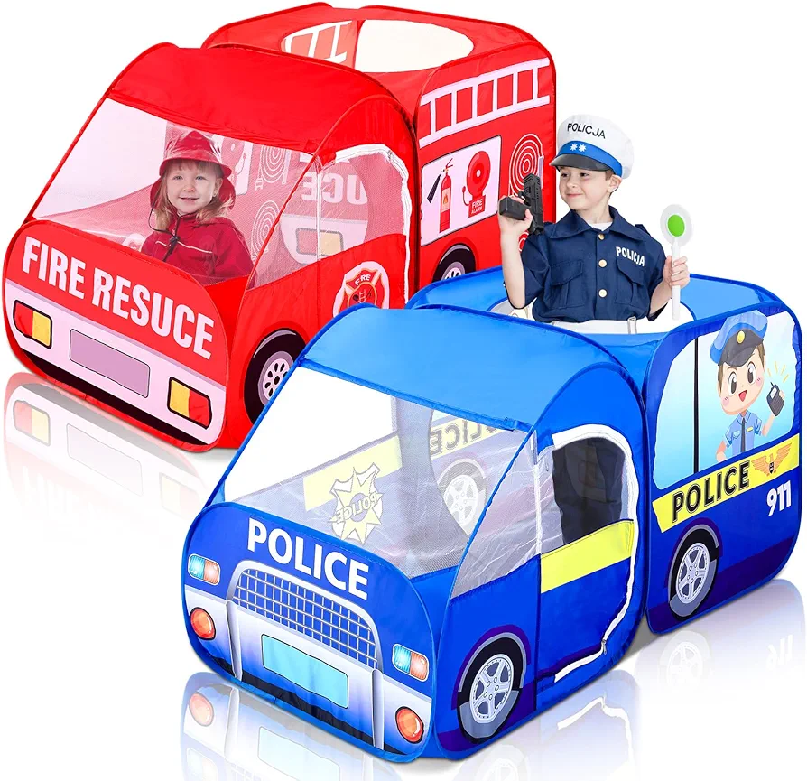 2 Pcs Fire Truck Tent Police Car Tent Pop up Play Tent for Kids Foldable Indoor and Outdoor Playhouse Vehicle Toys for Girls and Boys Fun Interesting Play Gift Prop