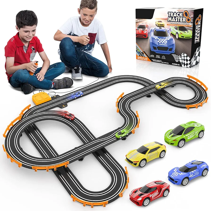 High-Speed Electric Slot Car Racing Track Set with 4 Cars, Controllers and Lap Counter - Fun Circular Overpass Track Toy Gift for Kids Ages 6-12