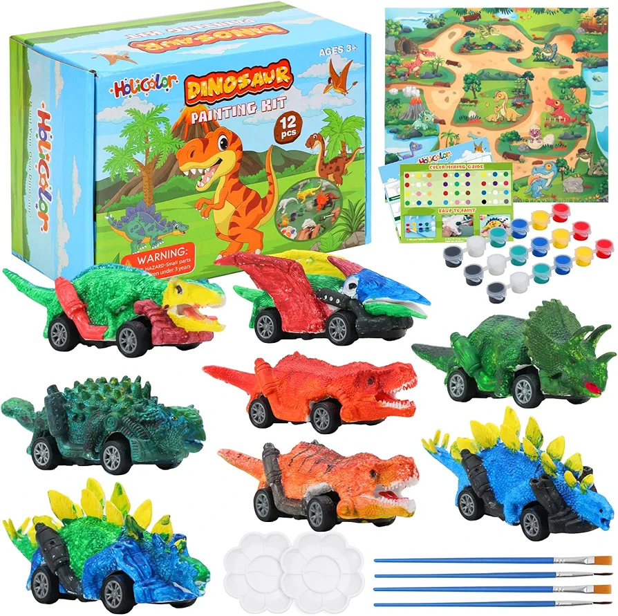 HOLICOLOR Arts and Crafts for Kids 4-8 Dinosaur Toys Painting Kit 8 Pull Back Cars Set DIY Creative Bitrhday Gift for Boys Girls Toddlers Ages 4 5 6 7 8 9 10 11 12