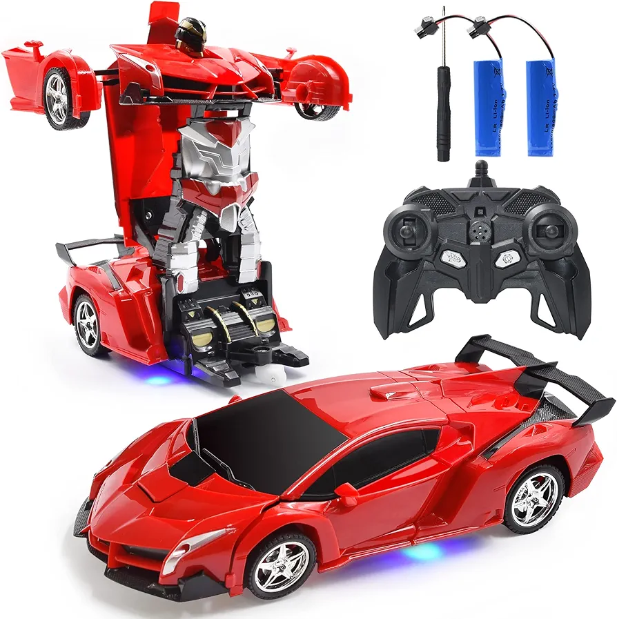 RC Car Robot for Kids Transformation Car Toy, Remote Control Deformation Vehicle Model with One Button Transform 360°Rotating Drifting 1:18 Scale, Best for Boys and Girls (Red)