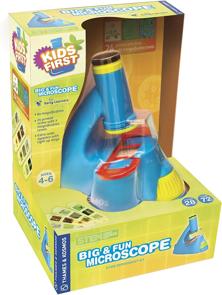 Kids First Big & Fun Microscope Science Experiment Kit | Easy-to-Use Kids Microscope | Ages 4-6 | STEM Experiment Guide and Full-Color User Manual | 72 Images | Extra-wide Eyepiec with Light-up Stage