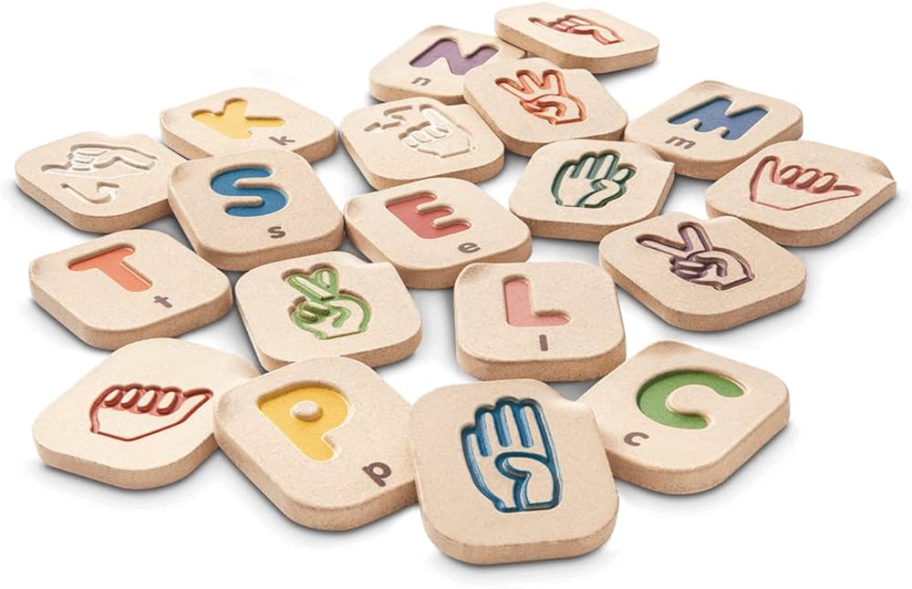 PlanToys Hand Sign Alphabet A-Z Sign Language Alphabet Learning Toys - 26 Sustainably Made Traceable Wooden Tiles with Uppercase Letters and Hand Signs