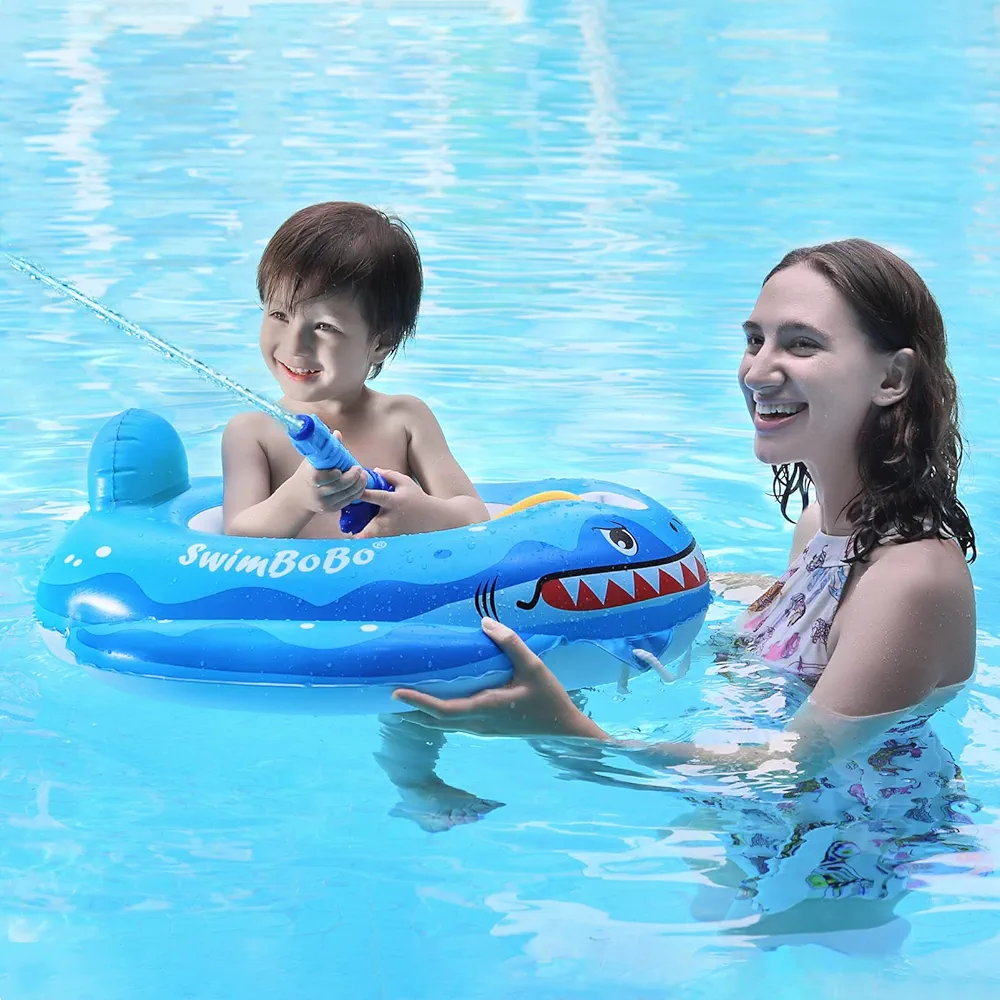 Swimbobo Toddler Pool Float with Seat Boat Inflatable Ride-on Airplane Pirates Sharks Car for Kids Outdoor Toys(Blue Shark)