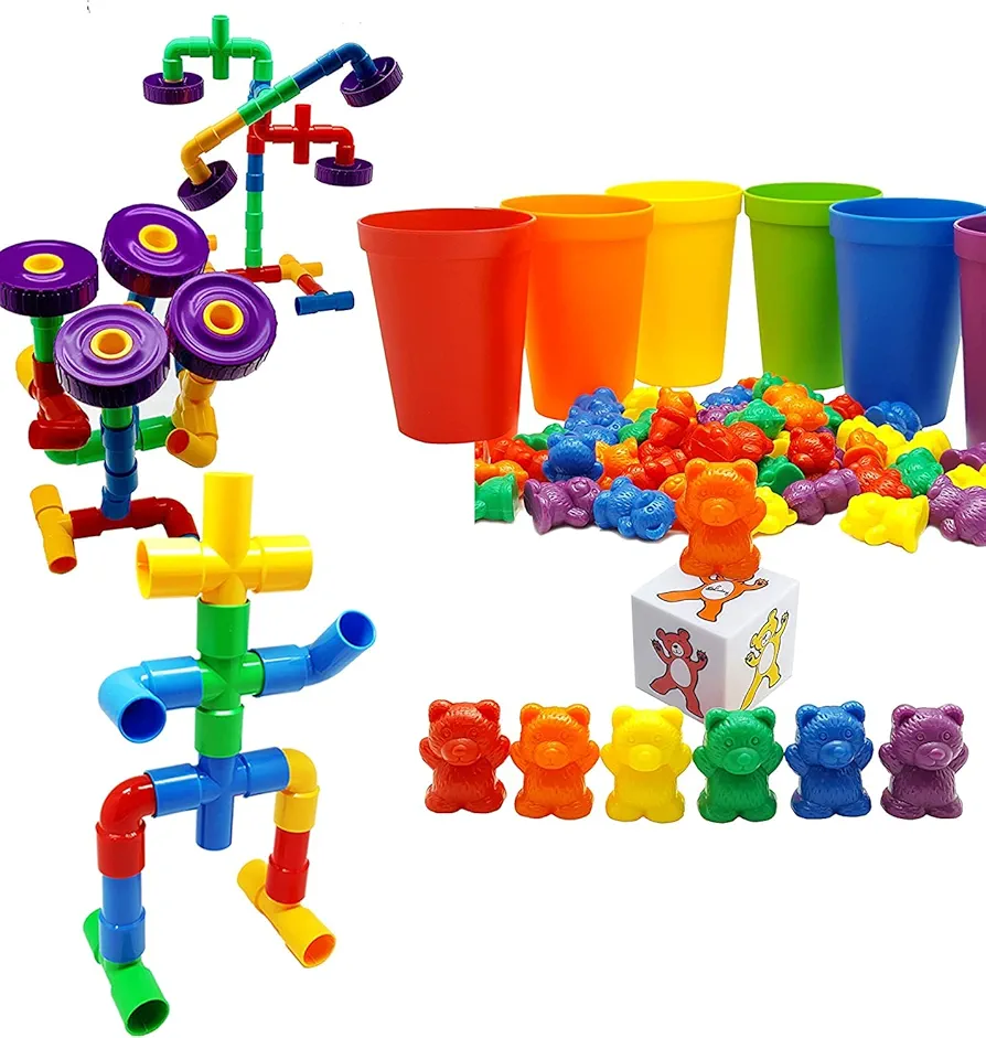 Skoolzy Rainbow Counting Bears and STEM Learning Pipe 97 Piece Bundle - Educational Construction and Sorting Counting Learning Toys for Kids Ages 3+