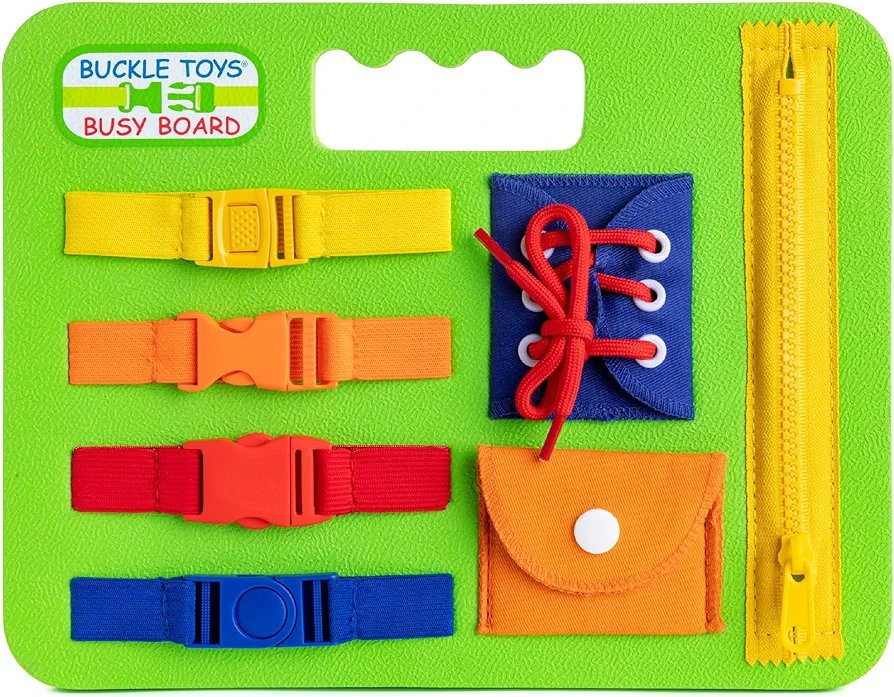 Buckle Toys Busy Board - Montessori Learning Toy for Toddlers Road Trip Essentials - Foam Sensory Board - Develop Fine Motor Skills - Green