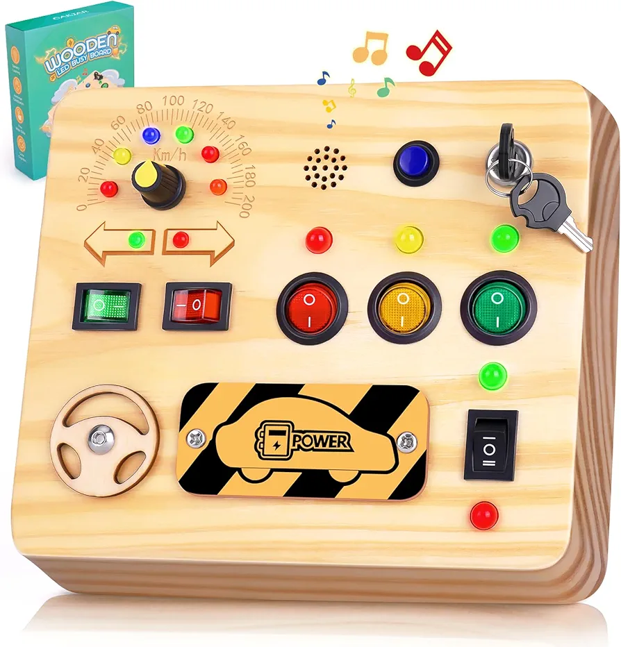 Busy Board for Kids, Montessori Toys with LED Light, Wooden Sensory Toys for Children Activity for Boys & Girls, Birthday Gift for Children