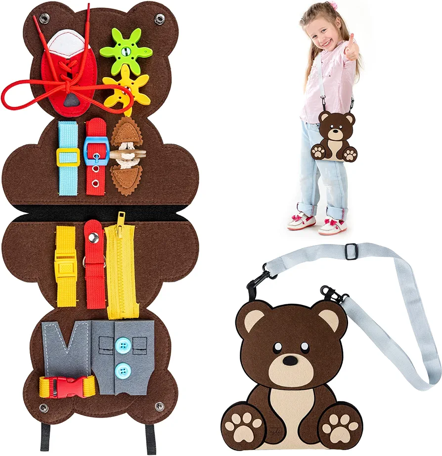 Esli Teddy Busy Board for Toddlers, Sensory & Fine Motor Skill Toddler Activities for Travel Airplane Car, Montessori Toys Gifts for 3 4 5 Year Old Boys Girls, Learning Toys for Toddlers