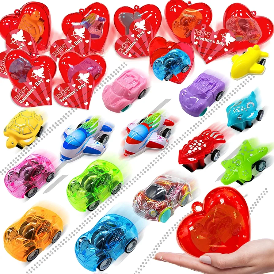 [ Filled Heart Box ] 28 Pack Valentines Day Gifts for Kids 28 Different Pull Back Car Toys with 28 Valentine Cards for Kids Classroom Exchange Gifts School Prize Boys Girls Valentines Party Favors