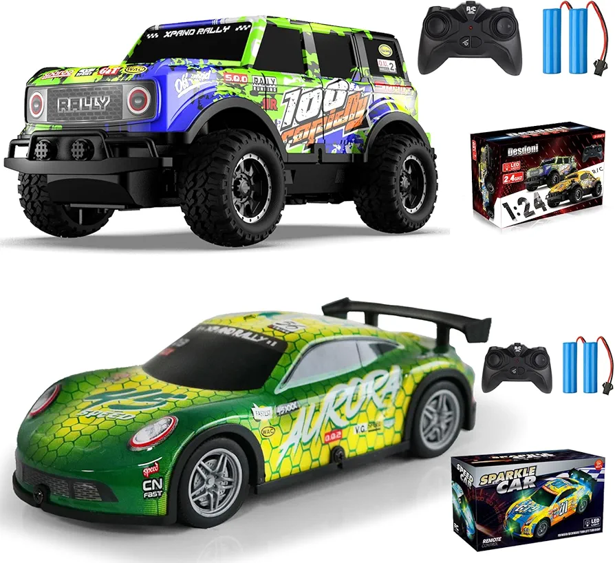 2PCS Remote Control Car, Light Up RC Car Toys, 2.4GHz 1:24 Scale 15KM/H Off-Road with Cool LED Lights Racing Rechargeable Toy Car for Christmas Birthday Kids Boys Girls for 4-7 8-12 Year Old