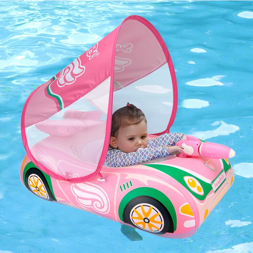 Swimbobo Toddler Pool Float Inflatable Car Baby Swim Float with Adjustable Sun Canopy and Safety Seat Pool Toys for Kids 3+ Years Old