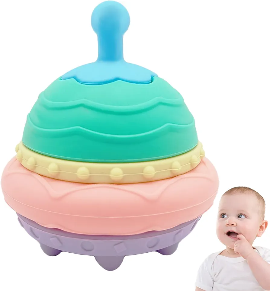 Early Education Learning Stacking Tower|Building Block Toys Soft Texture Baby Teethers, UFO structure stacker Toddler Learning Sensory Toys，Fine Motor Skills Toy for Boy & Girl(UFO-green)