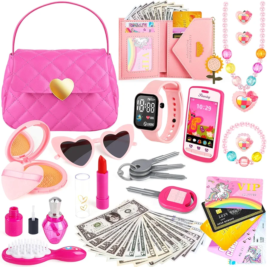 Kids Play Purse for Little Girls Toddlers, Toy Purse with Accessories, Wallet, Fake Phone, Fake Makeup Toys & Play Jewelry, Toddler Pretend Play Toys for Girls, Little Girl Gifts Age 3 4 5 6 Year Old