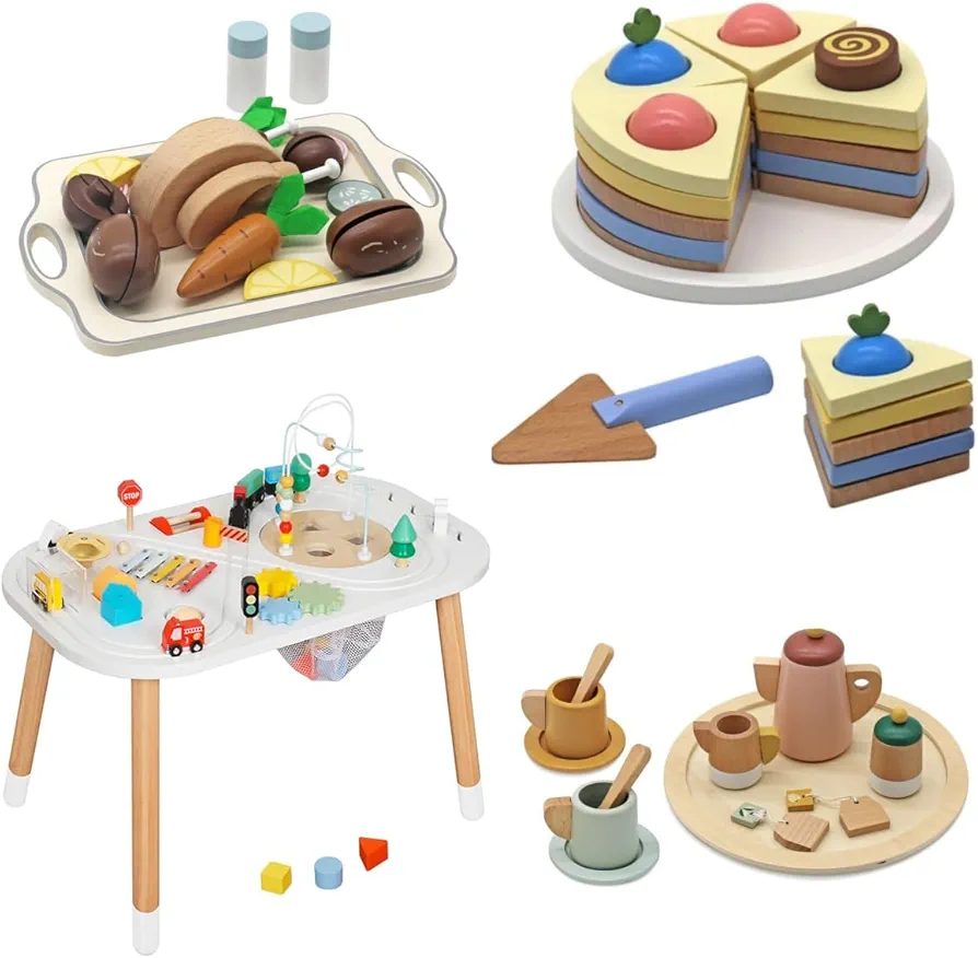 Wooden Baby Activity Table with Birthday Cake Wooden Turkey Chicken Toy and Wooden Tea Party Set for Kids Toddler Baby Boy Girl