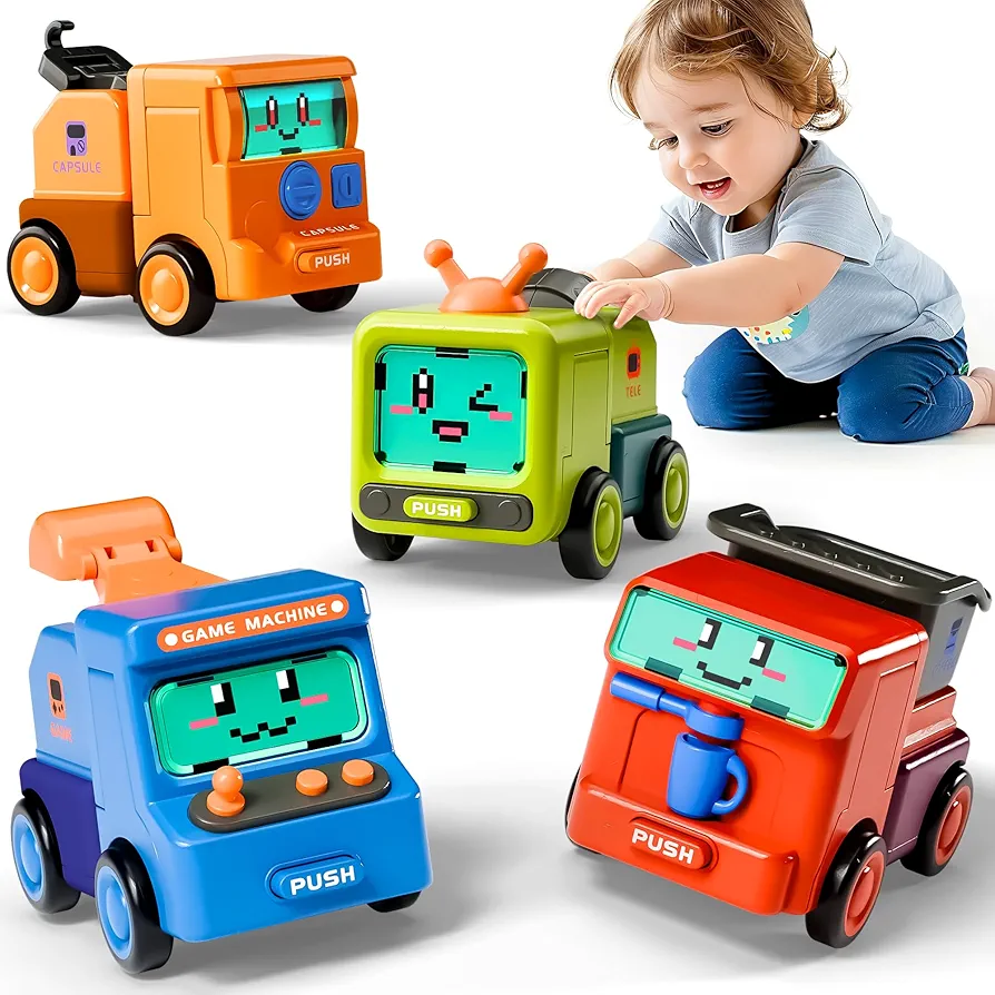 iPlay, iLearn 2 in 1 Toddler Car Toys Set, Boys Press Car Toys, Kids Push & Go Friction Racing Car, Infant Mini Construction Playset, Cool Birthday Party Favor Gift Stuffer for 3 4 5 6 Years Old Child