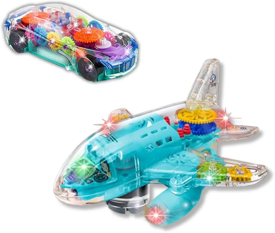 ArtCreativity Light Up Transparent Airplane & Car Toys: Bump and Go Fun with Moving Gears, Music, LED Effects - Perfect for Toddlers 1-3, Ages 3+, Great Birthday Gift Ideas (2PC Set)