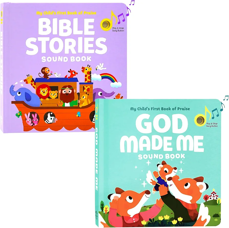 Bible Stories and God Made Me- Bundle of 2 Books - Christian Sound Books for Toddlers 1-3 | Six Bible Songs & Illustrations in Each Book, Musical Toys for Kids - Baptism Gifts for Boys and Girls