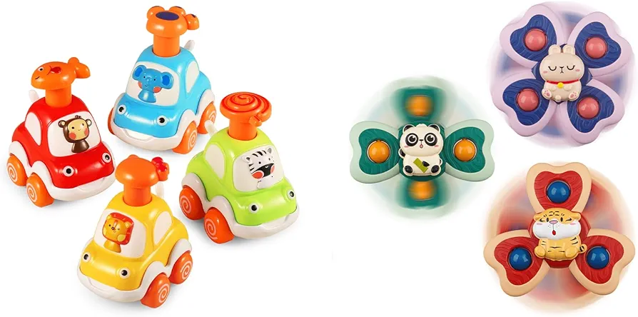 ALASOU 4 PCS Animal car Toys and 3 PCS Suction Cup Spinner Toys for Infant and Toddlers