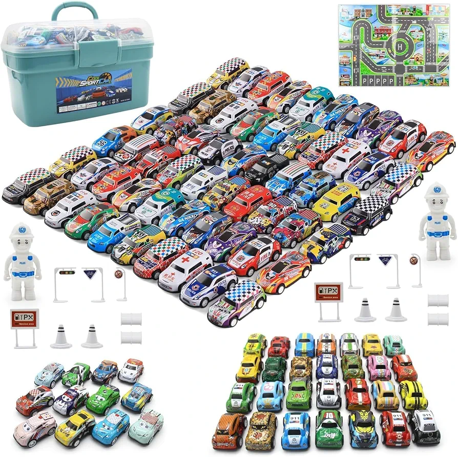 Mostop 100 PCS Mini Pull Back Car Set, Pull Back Racing Vehicles for Kids Toddlers, Kids Party Favors Car Pack Toy with Storage Box and Map, Bulk Small Vehicles, Push and Go Racing Cars for Kids