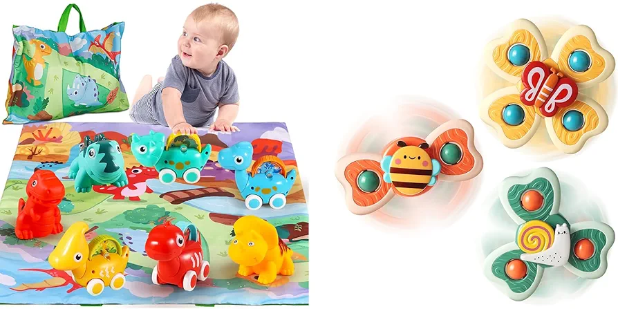 ALASOU 7 PCS Dinosaur Car Toys with Playmat and 3 PCS Suction Cup Spinner Toys for Infant and Toddlers