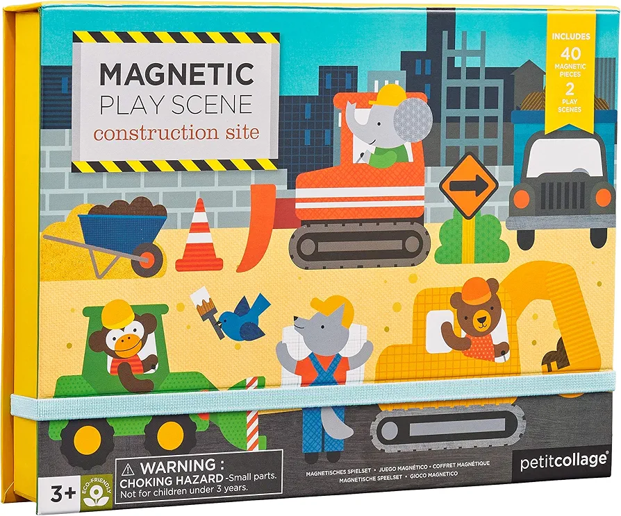 Petit Collage Magnetic Play Scene, Construction Site – Magnetic Game Board with Mix and Match Magnetic Animal Friends, Ideal for Ages 3+ – Includes 2 Scenes and 40 Magnet Pieces