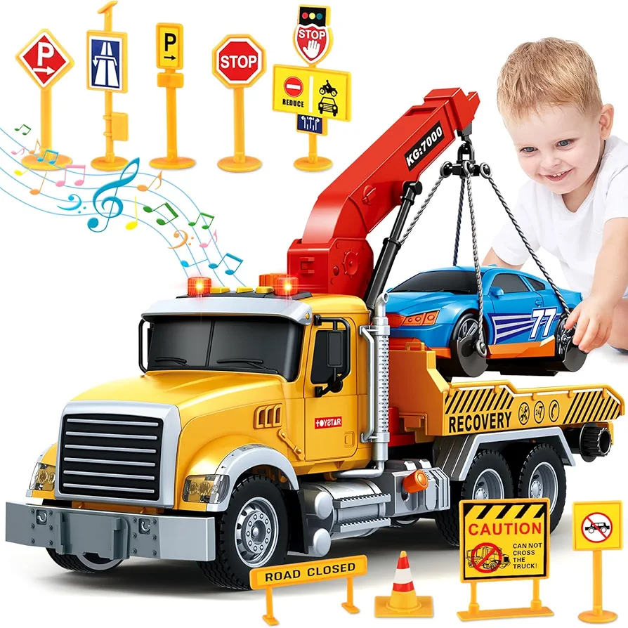 Kids Toys for 3 4 5 6 7 Years Old Boys, 15" Large Tow Truck Toy, Friction Powered Transport Truck Crane Vehicle Toy with Lights and Sounds, Racing Car, Traffic Signs, Birthday Gifts for Boys Girls