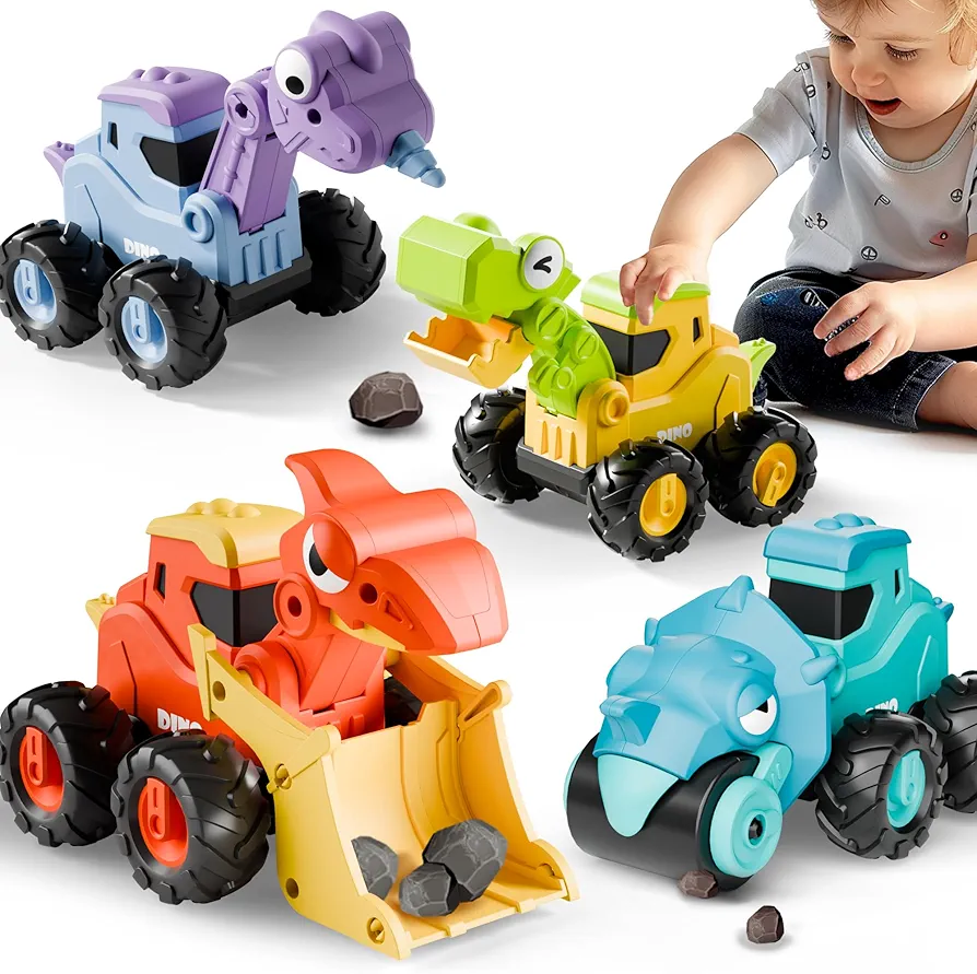 iPlay, iLearn Dinosaur Truck Toys for Toddlers, Boys Dino Press Go Racing Cars, Kids Construction Sandbox Vehicles Playset, Baby Push Go Friction Car Set, Birthday Gift for 18 Months 2 3 4 5 Years Old