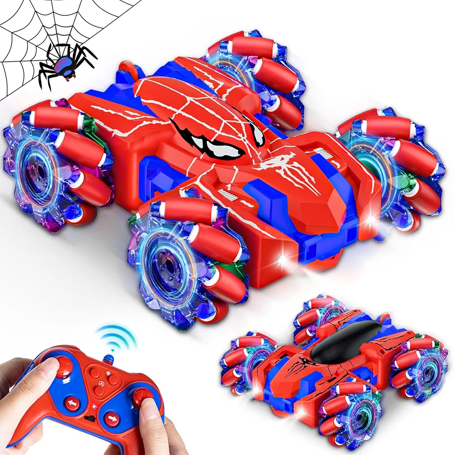 Spider Remote Control Car for Boys Double Sided RC Stunt Cars Toys 360°Rotating 4WD Off-Road RC Car with Cool Headlights 2.4Ghz Indoor/Outdoor Rechargeable Toy Car for 4-6 5-7 6-8 8-12 Boy Girl Gifts