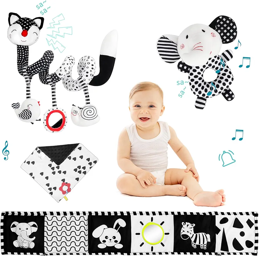 4 Pcs Black and White Baby Car Seat Toys, Hanging Rattle Toys for Crib Mobile, High Contrast Sensory Toys for Newborns, Unique Gift for Infants 0-6 6-12 Months