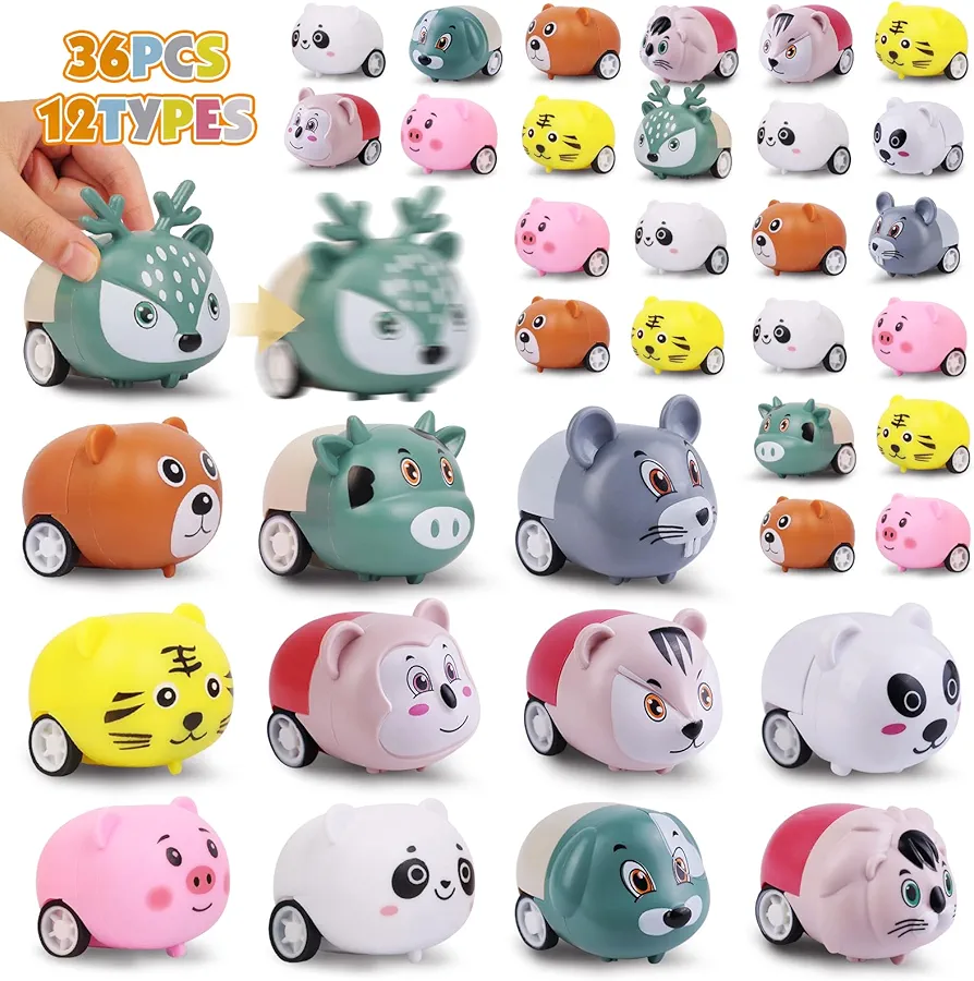 36 pcs Animals Pull Back Cars, Mini Vehicles Toy Small Cars Pull Back Racing Vehicles Set, Mini Toy Cars, Carnival Prizes Goodie Bag Stuffers, Mini Car Party Favors for Kids