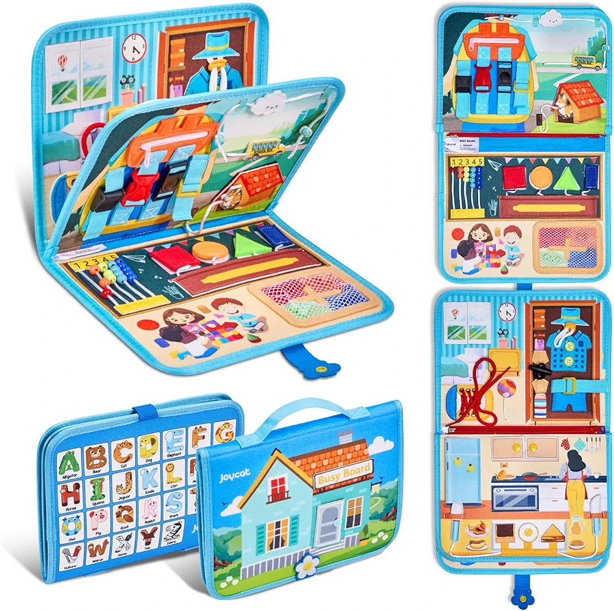 busy board for toddlers 2-4,Montessori toys,Busy book,Autism sensory toy,Educational preschool activities for learning fine motor skills,Travel toys,Gift toy for boy blue 1 2 3 4 Years Old kids