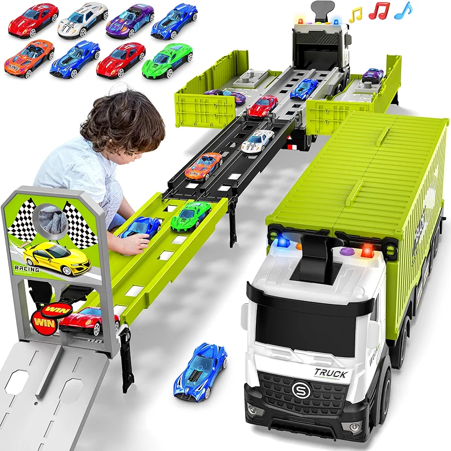 Carrier Truck Race Track Boys Toys, Foldable 3 Layer Car Race Track Playset, Toy Truck Transport Car Carrier & 8 Race Cars, Truck Car Kids Toys for Age 3 4 5 6+ Years Old Boys Girls