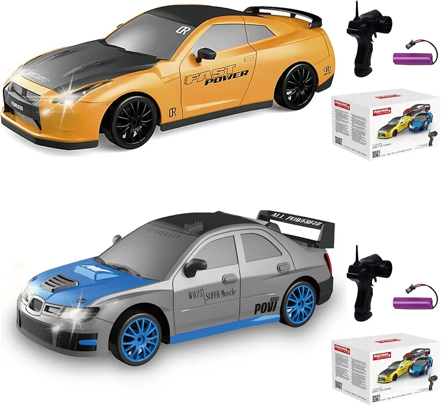 2PCS RC Drift Car 2.4GHz 1:24 Scale 4WD High Speed Remote Control Cars Vehicle with LED Lights Batteries and Drifting Tires Racing Sport Toy Cars for Adults Boys Girls Kids Gift