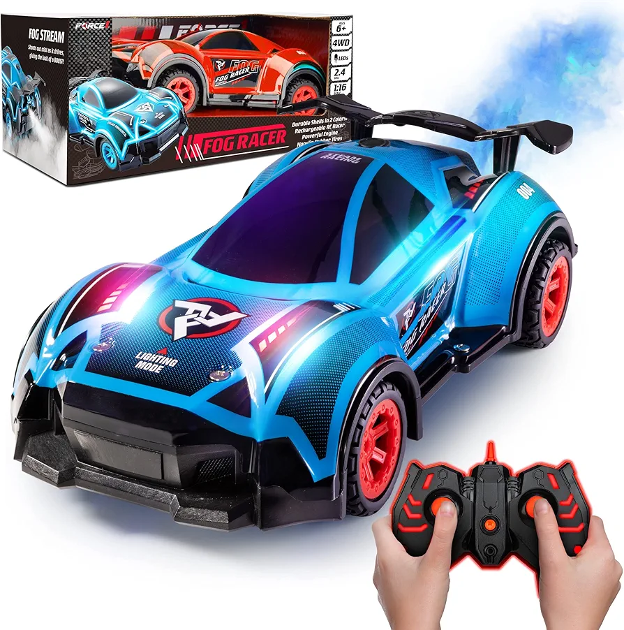 Force1 Fog Racer Remote Control Car for Kids- Fast RC Car High Speed LED Light Race Car Toy with Fog Mist, 2 Car Shells, 5 LED Modes, 2.4 GHZ Remote, Rechargeable Toy Car for Boys and Girls (Red/Blue)