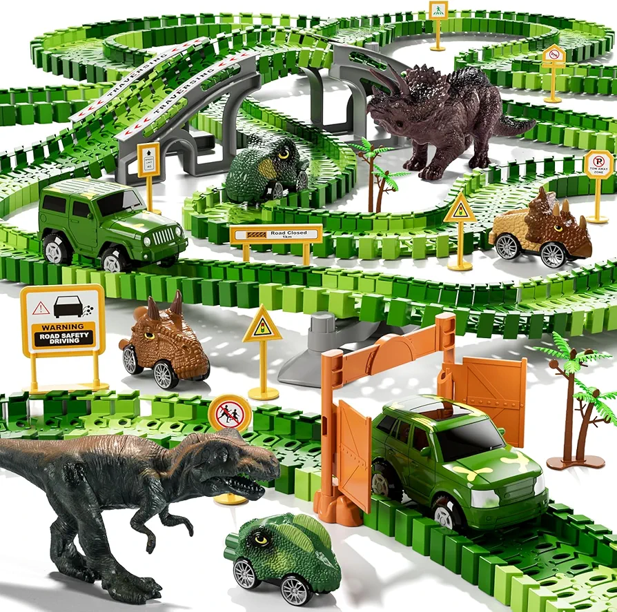 iHaHa 169 PCS Dinosaur Race Car Track Toys for Kids Toddler Boys Ages 1-3 3-5 4-7, Dinosaur Race Tracks Toys with Light, Sound & Spray, Birthday Dinosaur Toys Gifts for 2 3 4 5 Year Old Boys