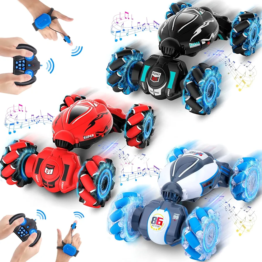 RC Car Toys for Boys Girls 6-12, 4WD Gesture Sensing Stunt Car 360° Rotate Transform Off-Road Drift Cars with Lights Music, 2.4Ghz Hand Control Car Birthday Xmas Gifts for Boys Girls, 3 Cars