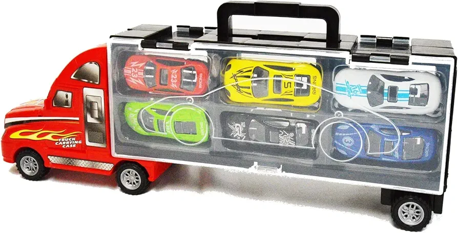 Friction Powered Transport Carrier Truck Toy Car with 6 Die Cast Vehicles Racing Car