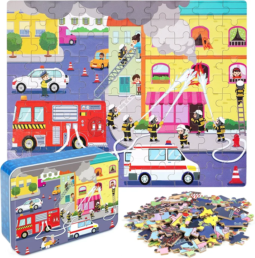 LELEMON 100 Pieces Jigsaw Puzzles in a Metal Box for Kids Age for 4-8 Boys Girls Toy Puzzles Fire Truck Ambulance Police Car Fireman Children Learning Educational Puzzles Toys